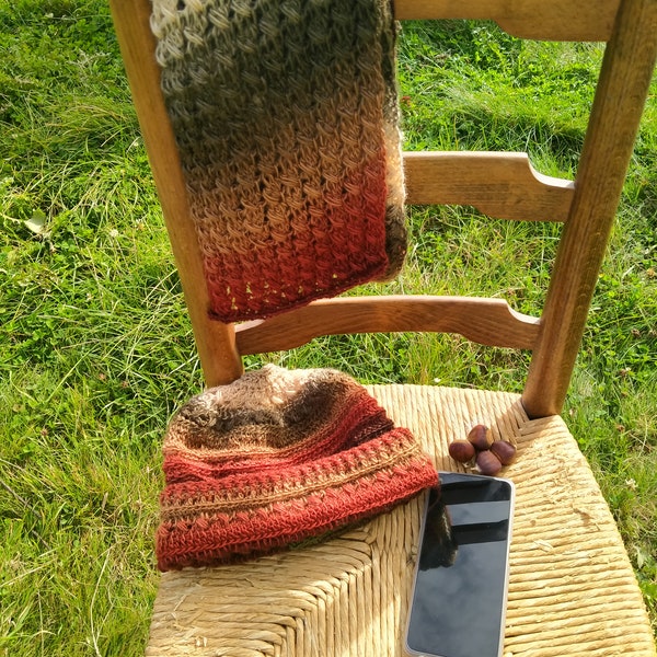 Ensemble écharpe et bonnet en laine couleur d’automne fait main au crochet