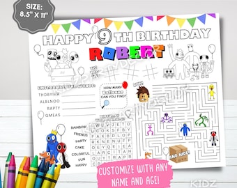 May include: A printable activity placemat for a 9th birthday party featuring a Roblox theme. The placemat includes a word search, a maze, an unscramble the words game, and a noughts and crosses game. The placemat is customizable with any name and age.