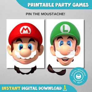 Puede incluir: Juego de fiesta imprimible con dos caras de personajes, Mario y Luigi, con un recorte de bigote. El juego se llama "Pin the Moustache!" e incluye el texto "Descarga digital instantánea" y "¡Tú imprimes!"