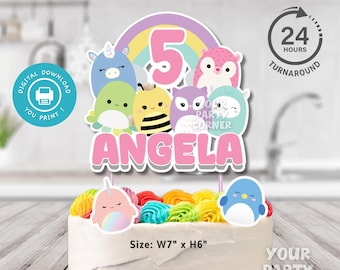 Topper de bolo digital personalizável para aniversário infantil | Decoração de festa personalizada | Topo de bolo de Squishmallow | ARQUIVO DIGITAL