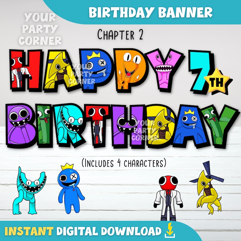 May include: A colourful Happy 7th Birthday banner featuring cartoon characters. The banner includes the words "Happy Birthday" and the number "7" with a star. The banner also includes four cartoon characters.