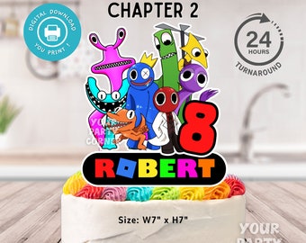May include: A digital cake topper featuring characters from the show "Chapter 2" with the name "Robert" and the number "8" in a colourful design. The topper is 17.8 cm wide and 17.8 cm high.