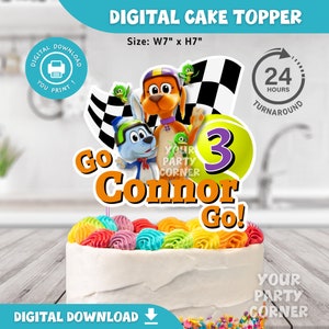 May include: A digital printable cake topper featuring two cartoon dogs from the show Go, Dog. Go! The topper includes the number 3, the name Connor, and the text "Go!" The topper is 7 inches wide and 7 inches tall.