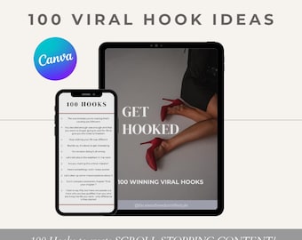 May include: A digital product mockup with a phone and tablet displaying a cover image for a digital product titled "Get Hooked: 100 Winning Viral Hooks". The cover image features a woman wearing red high heels and a black dress. The text "100 Hooks to create SCROLL STOPPING CONTENT! PLR/MRR - MASTER RESELL RIGHTS" is displayed below the mockup.