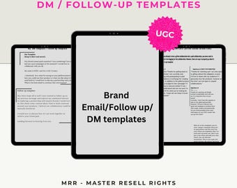 Könnte beinhalten: Ein digitaler Tablet-Bildschirm zeigt ein Mockup einer Marken-E-Mail- und Direktnachrichten-Vorlage. Der Text auf dem Bildschirm lautet "UGC DFY Brand Email/DM/Follow-up Templates". Der Bildschirm ist von einem weißen Hintergrund umgeben, auf dem unten der Text "MRR - Master Resell Rights" steht.
