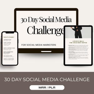 May include: A 30-day social media challenge for marketers. The image shows a laptop screen with the text "30 Day Social Media Challenge for Social Media Marketers" and a tablet screen with the text "Content Ideas for Your First Month".