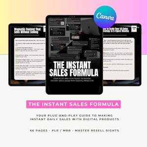 Pode incluir: Uma capa de produto digital rosa e branca com o título "The Instant Sales Formula" e o slogan "Your plug-and-play guide to making instant daily sales with digital products". A capa apresenta uma colagem de postagens de mídia social e um esquema de cores rosa e branco.
