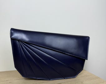 Vintage Navy Leather Geometric Clutch Bag – Fan Pleated Design – Elegant Evening Purse – Chamay Lausanne