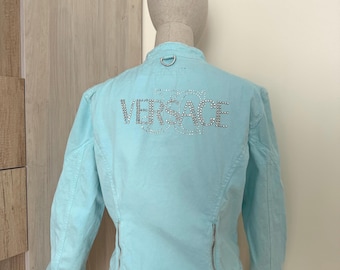 Vintage Versace Jeans Couture Biker Jacket, Crystal Logo, Made in Italy, Size M