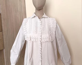 Vintage Handmade Eyelet Lace Blouse – 1970s-80s Cotton Victorian Shirt, XS-S