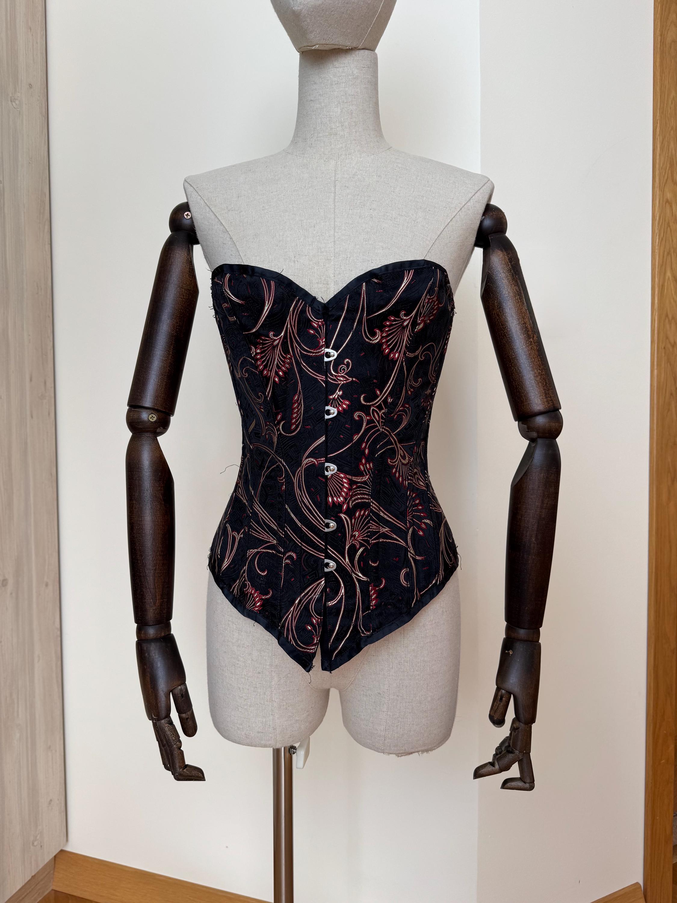Vollers Corset Made in England - Size 36 (EUR) - Silk Blend Black & Red Jacquard