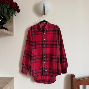Vintage Polo Ralph Lauren Red Plaid Flannel Shirt | 100% Cotton | Size L | Classic Fit Long Sleeve Button-Up