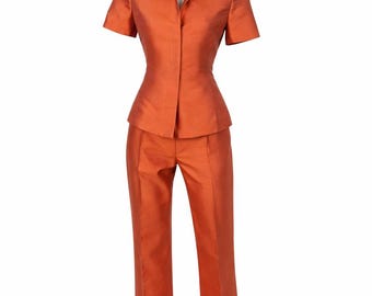 Akris Silk Suit Set Vintage Orange 2 Piece Outfit Minimalist Blazer Pants Italy Designer Quiet Luxury Y2K