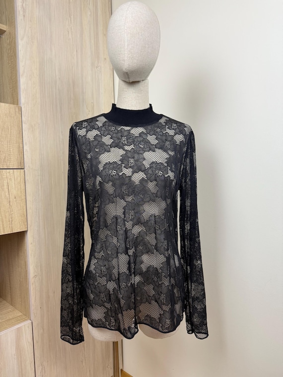Wolford Vintage Sheer Lace Top: Black Floral Mesh Blouse