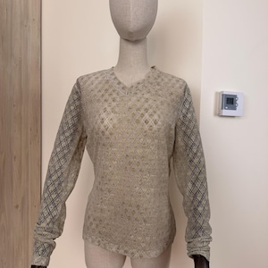 Cavalli Jeans Mesh Velvet Top | Sheer See-Through Designer Blouse | Y2K Vintage Italy | Long Sleeve Stretch Shirt | Size L 48