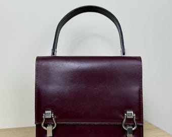 Vintage Burgundy Box-Calf Leather Top Handle Bag – Structured 1950s/60s Handbag – Elegant Retro Purse – Genuine Box Leather