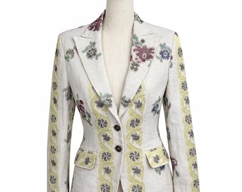 Vintage Etro Milano Blazer Floral Woven Jacket Italian Designer Statement Tailored Art Print Blazer