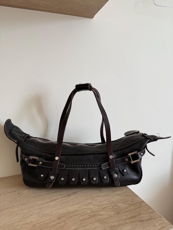 Vintage Y2K Dark Brown Leather Studded Shoulder Bag, Biker Moto East West Handbag, Boho Grunge Purse, EVAMOUCHE Sellier Riri Zip