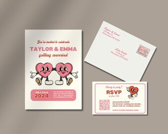 Retro Heart Couple Wedding Invitation with RSVP Card