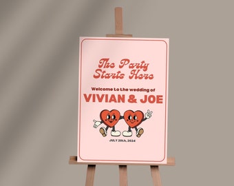 Retro Herzen Hochzeit Willkommensschild: Anpassbare Canva Vorlage