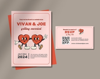 Vintage Wedding Stationery | Unique Wedding Invite with RSVP/Details Cards | Retro Heart Couple