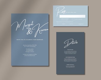 Puede incluir: Un conjunto de invitaciones de boda azul y blanco con los nombres Margot & Kieran. La invitación incluye la fecha, la hora y el lugar de la ceremonia y la recepción de la boda. La tarjeta RSVP incluye un espacio para que los invitados indiquen su asistencia y su preferencia de comida. La tarjeta de detalles incluye información sobre la recepción, el alojamiento y más detalles.