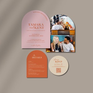 Hochzeitseinladung , Detailkarte und Antwortkarte | Rosa und Orange Hochzeitseinladungsbogen Set
