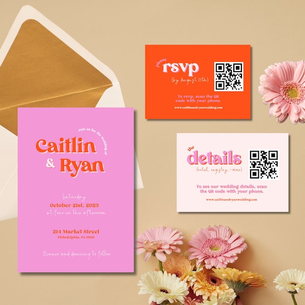 Trendy and Vibrant Wedding Invitation Suite | Fun and Colorful Wedding Invite, RSVP Card, and Details Card | Pink and Orange Wedding Colors