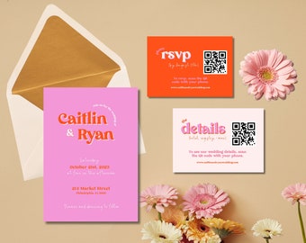 Trendy and Vibrant Wedding Invitation Suite | Fun and Colorful Wedding Invite, RSVP Card, and Details Card | Pink and Orange Wedding Colors