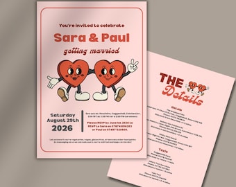 Vintage Wedding Stationery | Unique Wedding Invite with RSVP/Details Cards | Retro Heart Couple