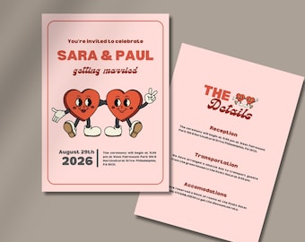 Vintage Wedding Stationery | Unique Wedding Invite with RSVP/Details Cards | Retro Heart Couple