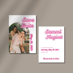 Funky Pink Save the Date with Photo | 70s Wedding Vibe | Modern Wedding Stationery | Digital Download | Customizable