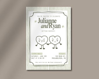 Hand-Drawn Heart Design Wedding Invite | Vintage Green Stripes