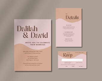 Dusty Pink Wedding Invitation Set: Boho Neutral Canva Template (Digital Download)