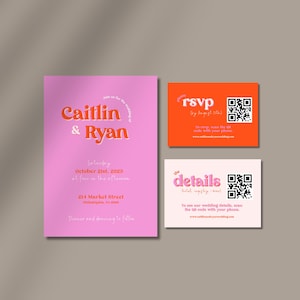 Trendy en levendige trouwkaartsuite | Leuke en kleurrijke bruiloftsuitnodiging, RSVP-kaart en kaart met details | Roze en oranje bruiloftskleuren