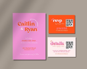 Pink & Orange Retro Wedding Invitation Suite (Digital Template)
