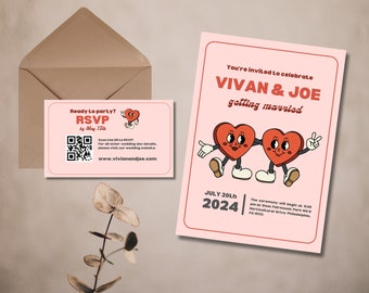 Vintage Wedding Stationery | Unique Wedding Invite with RSVP/Details Cards | Retro Heart Couple
