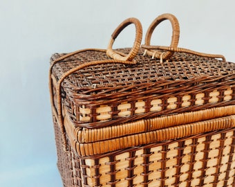 Vintage French Wicker Picnic Basket with Handles, Fabric Lining, Cottage Home Decor