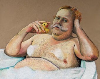 May include: A man with a mustache and a yellow rubber ducky is relaxing in a white bathtub. He is covered in a white towel and has a relaxed expression on his face.