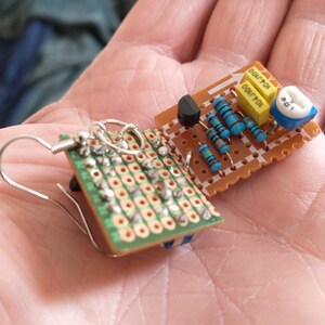 Handmade Circuit Board Earrings - theoretically functional LBP1 audio signal booster circuit - guitar effect pedal - cyberpunk