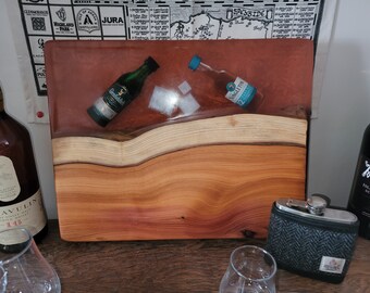 Whisky Chunky Wooden Chopping Board with Miniature Scotch Whisky Bottles in Epoxy Resin Serving Board Drinks Display