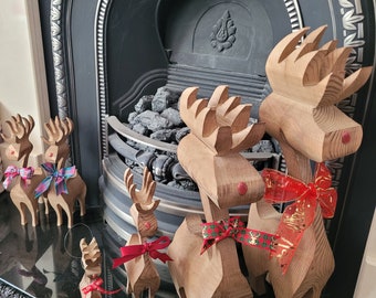 Wooden Reindeer free standing Christmas decoration Rudolph ornament 3d handcrafted ribbon bow glitter nose detail