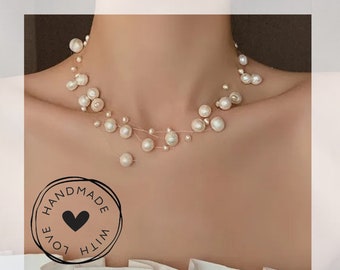 Korea New Design Fashion Jewelry: Natural Freshwater Pearl Hand-Winding Necklace and Earrings Set for Elegant Women's Party Accessories