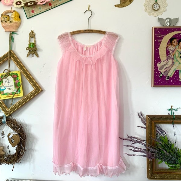 Vintage Dorsay Pink Princess Nightgown Lingerie Dress Chiffon Peignoir Bows & Ruffles Incredibly Preserved Made in Canada