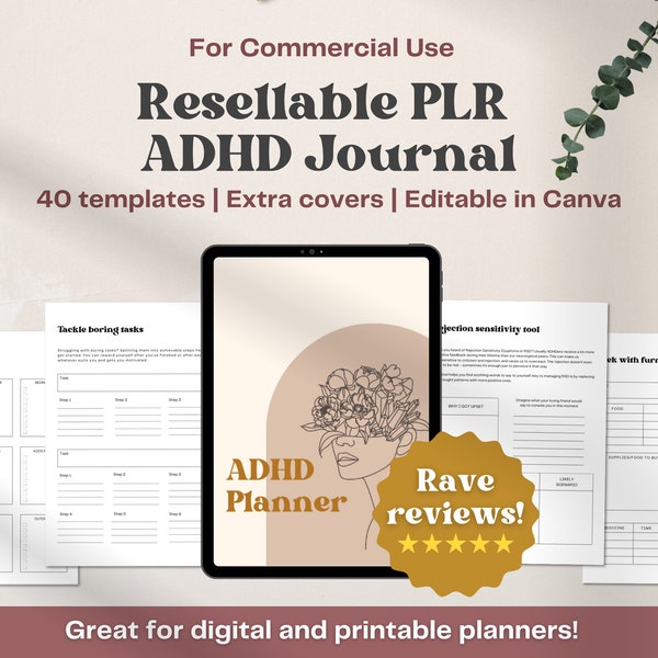 PLR ADHD Planner | Resellable Commercial ADHD Journal | Editable Canva Planner | Commercial license | Adhd coaching | Done for you planner