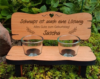 Schnapsbank Mit Gravur 'Tante & Onkel' – Inkl. 2 Schnapsgläser, Aus Geöltem Pappelholz, Persönliches Geschenk Zum Geburtstag