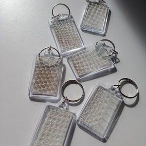 Może przedstawiać: Sześć przezroczystych breloków z plastiku ze srebrnymi kółkami. Każdy brelok ma inny wzór imitujący fakturę skóry węża.