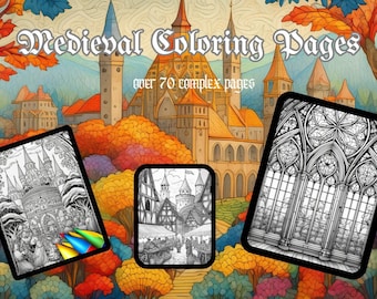 Puede incluir: Páginas para colorear medievales con más de 70 páginas complejas. La imagen presenta tres páginas para colorear con bordes negros, que muestran escenas medievales detalladas. El fondo tiene un castillo y árboles de otoño coloridos.