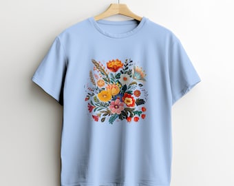 Camiseta floral: cuello redondo de algodón de primera calidad con estampado de flores primaverales vibrantes, moderno y cómodo