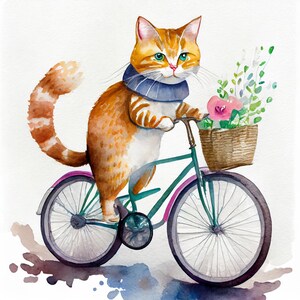 Collection de cliparts aquarelles de chats sur des vélos - parfait pour les cartes de voeux, les tasses, les t-shirts - PNG 300 DPI de haute qualité, prêt à l'emploi
